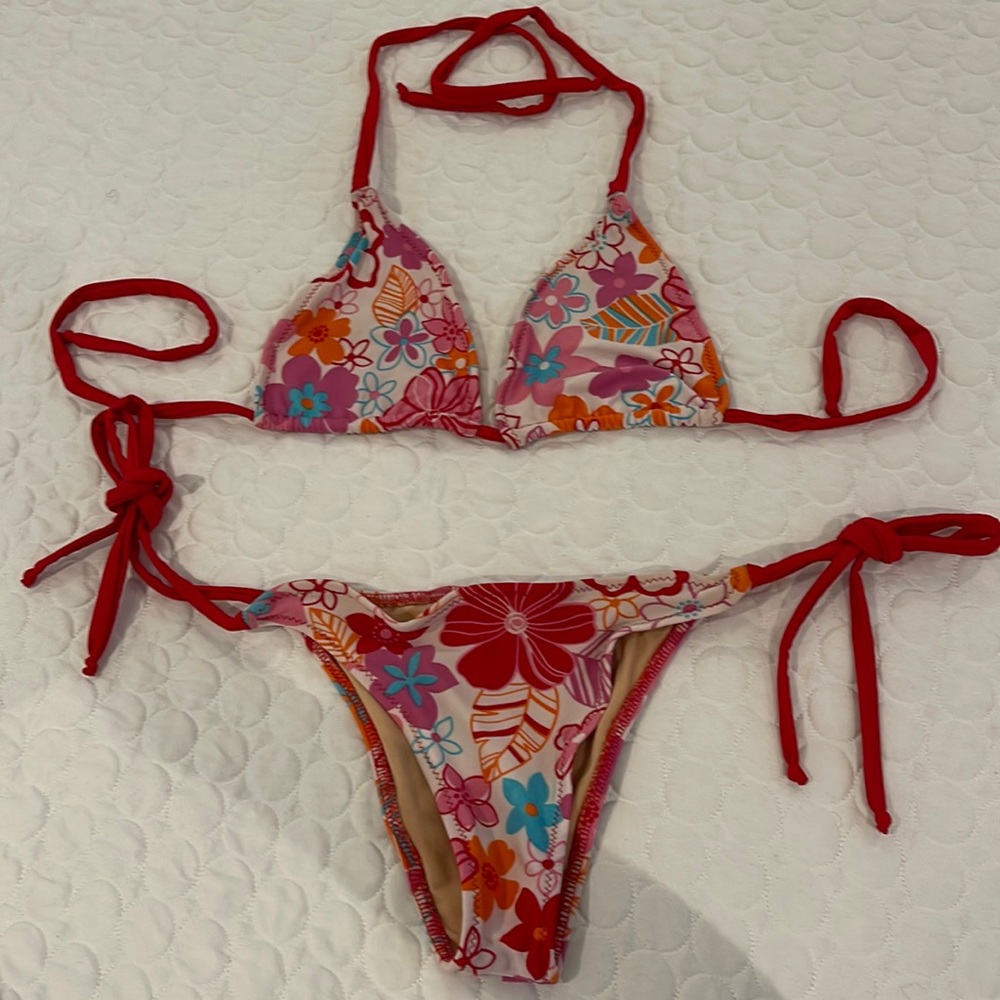 Women size small hand made Bikini set red and flower print